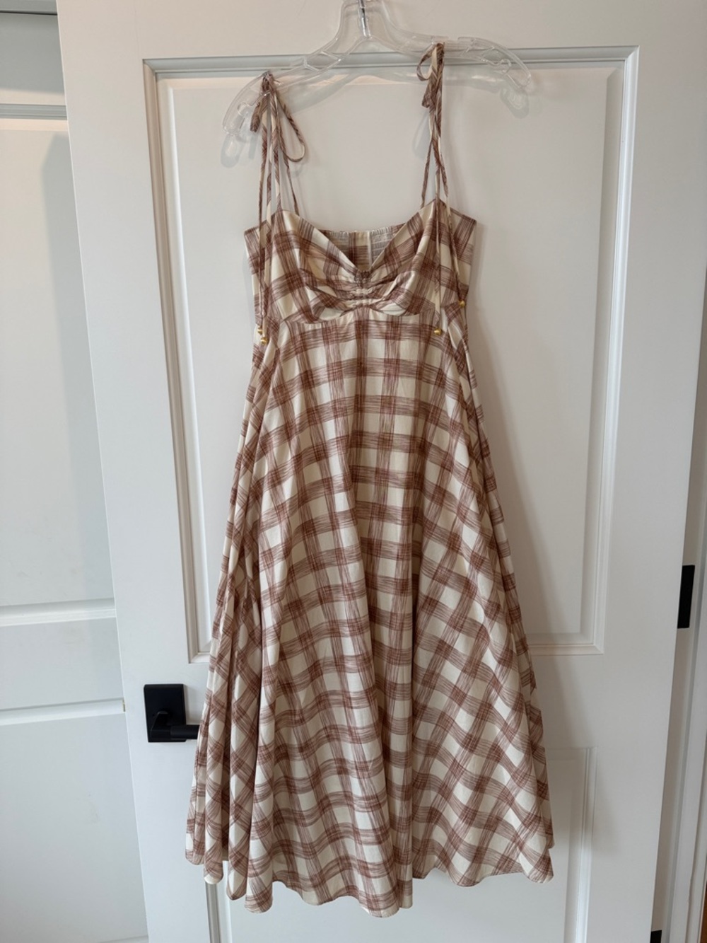 Cara Cara ‘Sunray’ Gingham Cream and Brown Midi Dress
